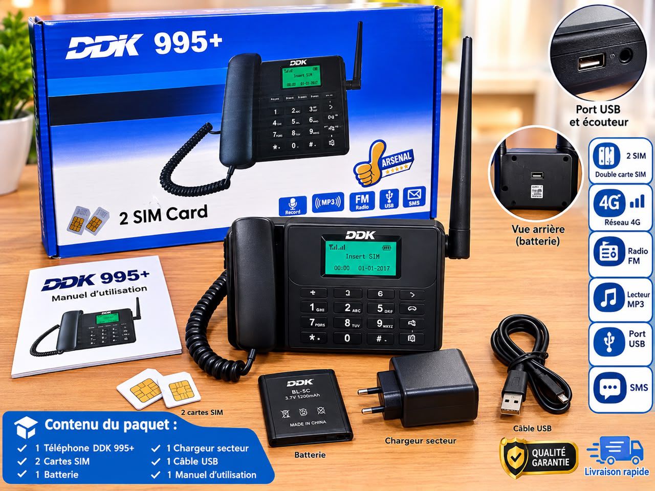 TÉLÉPHONE FIXE RECHARGEABLE DDK 995+